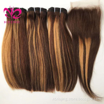 REINE Hair Wholesale 100% Human Double Drawn Remy Full Cuticle Free Sample Cabelo Humano with 4*4 closure 4/27 Highlight color
